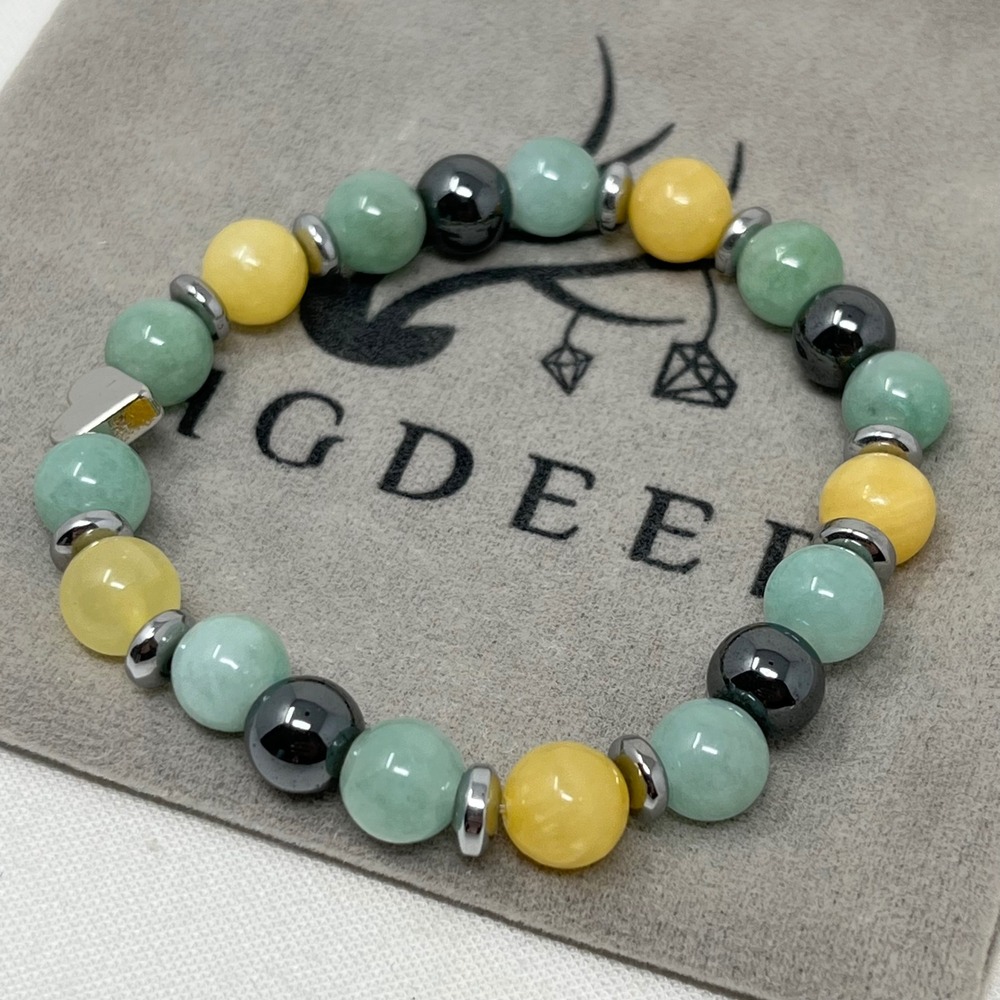 GDEER Friendship Natural Stone Beaded Stretch Bracelet Heart Charm Green Yellow